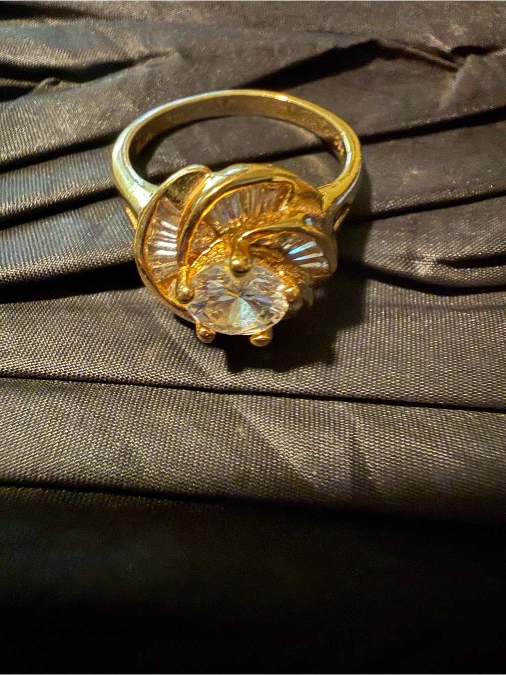 Gold Floral Cocktail Ring with Clear Center Stone